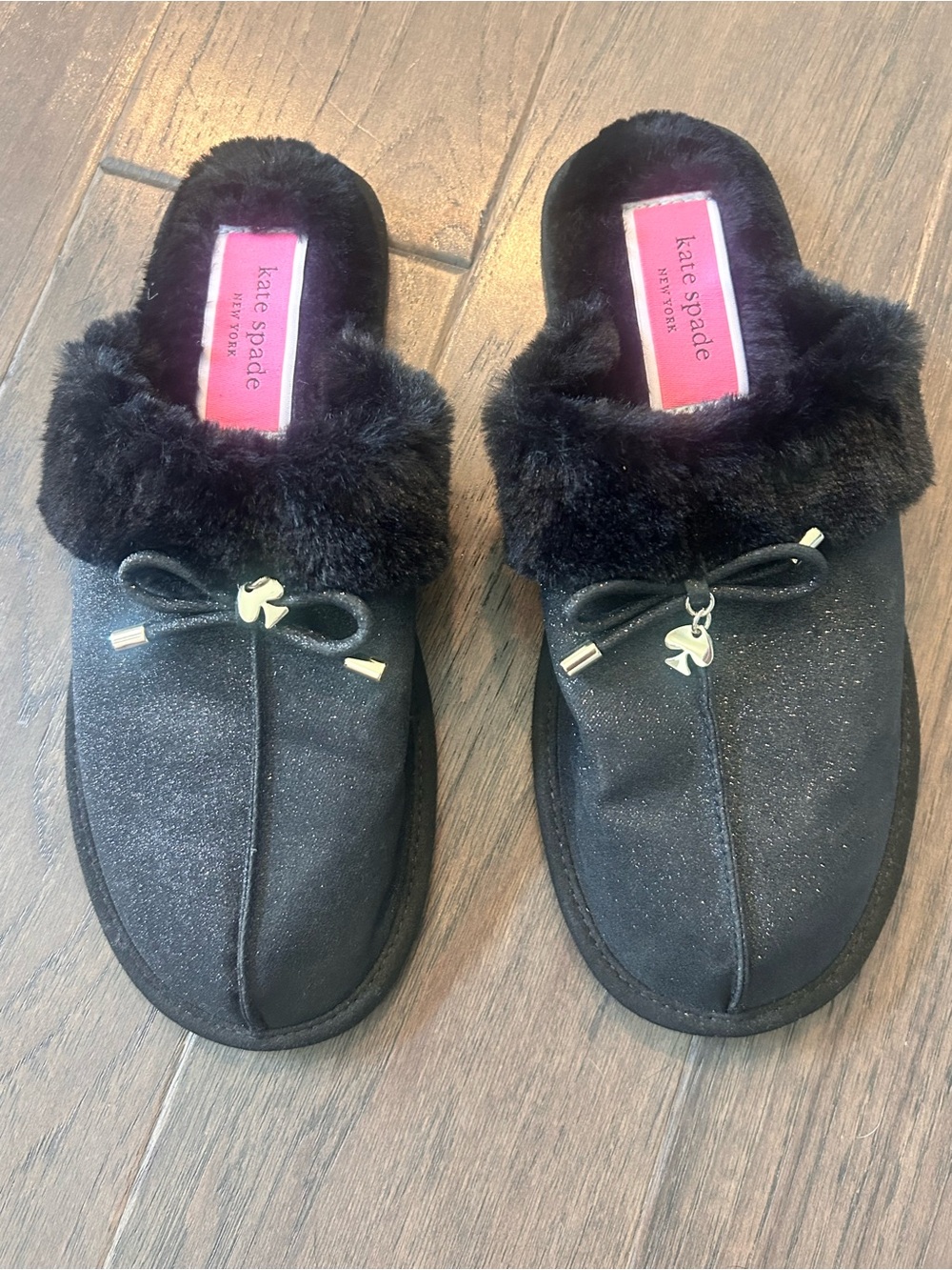 kate spade Black Faux Fur Bow Slip-On Women's Slippers Sparkly Size 7/8